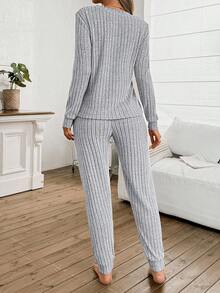 SHEIN Women's Ribbed Fleece Casual Lounge Set, V-Neck Long Sleeve Top And Pants, Suitable For Sleepwear Or Outerwear, Fall Winter Clothes, Cozy - Light Grey - View 2