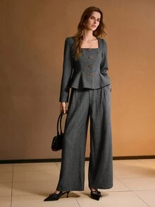 MOTF PREMIUM HERRINGBONE BLACK PEPLUM JACKET - Black - View 2