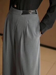 MOTF PREMIUM 女士秋季修身阔腿西装裤斜翻领休闲西装裤 - 灰色 - 查看 1