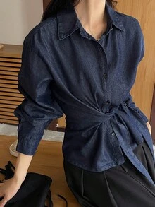 DAZY 女士翻领系带休闲宽松开襟牛仔外套长袖 - 深色水洗藍 - 查看 4