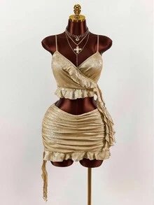 Amplova Y2K Amplova Fall/Winter Christmas New Year Thanksgiving Party Sexy Elegant New Year Tight Pleats Ruffles Party Cropped, Flowy Ruffled 2 Pieces Set For Women