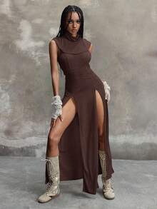 ROMWE Grunge Punk Y2K 千禧年复古启示录连帽低胸高开衩连衣裙 - 咖啡棕 - 查看 7