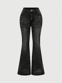 ROMWE Grunge Punk Jeans acampanados de talla grande con estampado vintage lavado - Negro - Ver 1