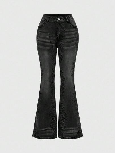 ROMWE Grunge Punk 大码复古水洗印花喇叭牛仔裤