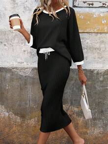 SHEIN LUNE 2pcs/Set Women Casual Batwing Sleeve Ribbed Contrast Binding T-Shirt And Drawstring Waist Pencil Skirt, Spring/Autumn - Black - View 3