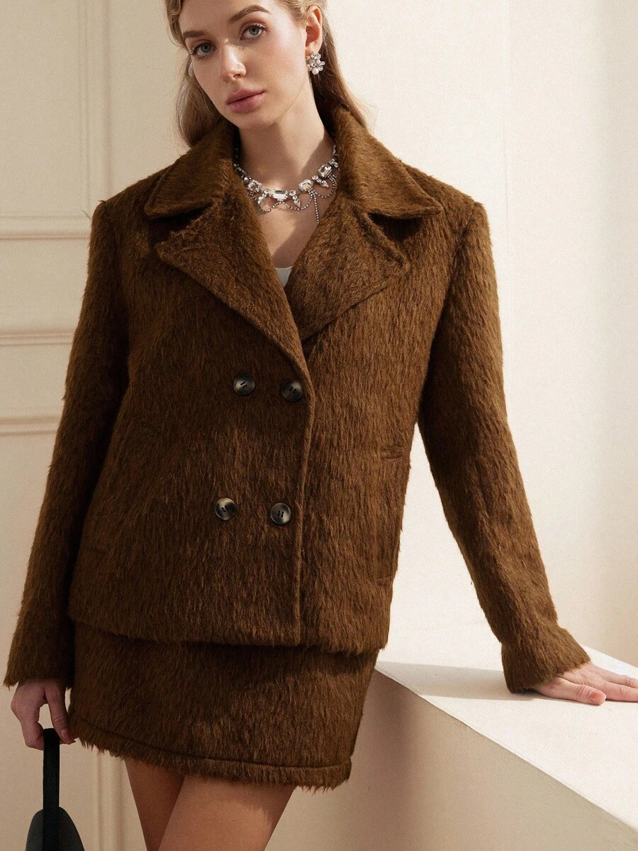 GENKIRA Brown Faux Fur Collar Loose Blazer Jacket & A-Line Mini Skirt 2 Pieces Set, Elegant & Chic For Autumn/Winter - Mocha Brown - View 1