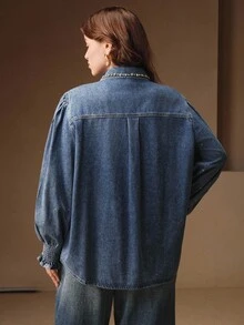 Anewsta 优雅端庄的手工钻石装饰女士蓝色休闲牛仔夹克 - 藍色 - 查看 3