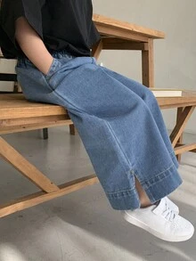 Dazy Kids 女童破洞阔腿牛仔裤，秋冬季保暖内衬 - 藍色 - 查看 3