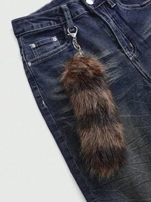 ROMWE Grunge Punk Vintage Distressed Denim Flare Jeans With Tie Belts & Mini Raccoon Decor, Shibuya Girl Style - Dark Grey - View 4