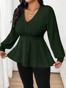 SHEIN LUNE Suéter minimalista casual con volantes en el bajo, talla grande, otoño - Verde Oscuro - Ver 6