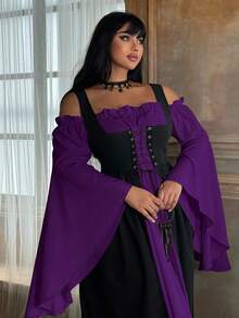 Lyrianda Plus Size Women's Off Shoulder Long Sleeve Flare Sleeve Ruffle Elegant Vintage Cute Halloween Party Casual Holiday Colorblock Dress