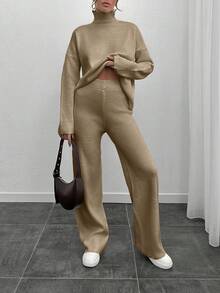 EURMUSE Women Solid Color Rib Knit Drop Shoulder High Neck Pullover & Sweater Pants Set,Petite,Winter Clothes - Beige - View 4