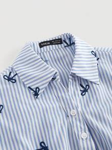 SHEIN MOD Plus Size Striped Collared Ruched Elegant Shirt, Striped Bow Print, Blue Striped Shirt, Ruched Waist, Back Ruched - Blue - View 4