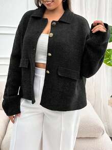 EURMUSE Plus Size Women Single-Breasted Dropped Shoulder Long Sleeve Cardigan - Black - View 6