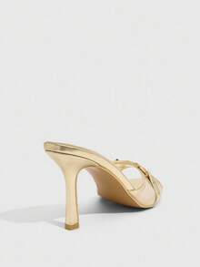 CUCCOO SZL Mules de tacón alto con puntera puntiaguda, de estilo sexy y elegante, con parches de malla metálica dorada y hebilla de hueso dorada