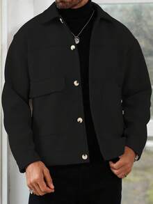 Manfinity Homme Áo khoác nam trơn một hàng khuy, áo sơ mi nam kéo khóa thời trang thu đông, áo khoác đen cho nam, áo sơ mi nam Shacket màu đen cho nam - màu đen - Xem 4