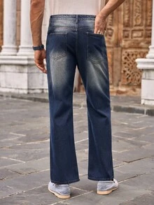 Manfinity VCAY Jeans de mezclilla azul desgastado con efecto de bigote de gato para hombre - Azul - Ver 4