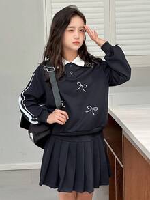 DAZY Tween Girl Casual Set: Striped Polo Neck Sweatshirt With Bow Detail And Pleated Mini Skirt, Autumn - Navy Blue - View 4