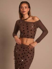 Glamine Áo len nữ cổ xéo tay dài màu trơn thanh lịch, trang trí sequin, phong cách lãng mạn, thời trang thu đông mới - Cà phê nâu - Xem 2