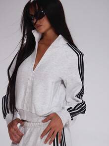 MUSERA 宽松侧条纹拉链运动外套上衣（仅上装）可爱返校休闲运动工作服商务休闲冬季 - 淺灰色 - 查看 6