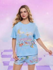 My Little Pony X SHEIN Women's Cute Horse Print Round Neck Short Sleeve T-Shirt And Shorts Pajama Set, Summer
