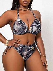Slaydiva Conjunto de tankini de traje de baño con estampado de camuflaje floral de talla grande