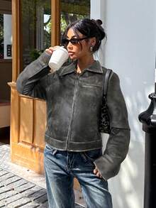 Muchica Women's Retro Cropped Jacket, Fashionable For Autumn - Dark Grey - View 3