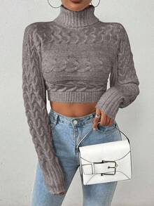 EMERY ROSE 女士纯色高领长袖短款扭纹针织套头衫，夏季时尚 - 灰色 - 查看 3