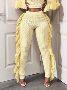 BamGleam Women's Elastic Waist Fringe Design Knitted Long Pants, Autumn/Winter