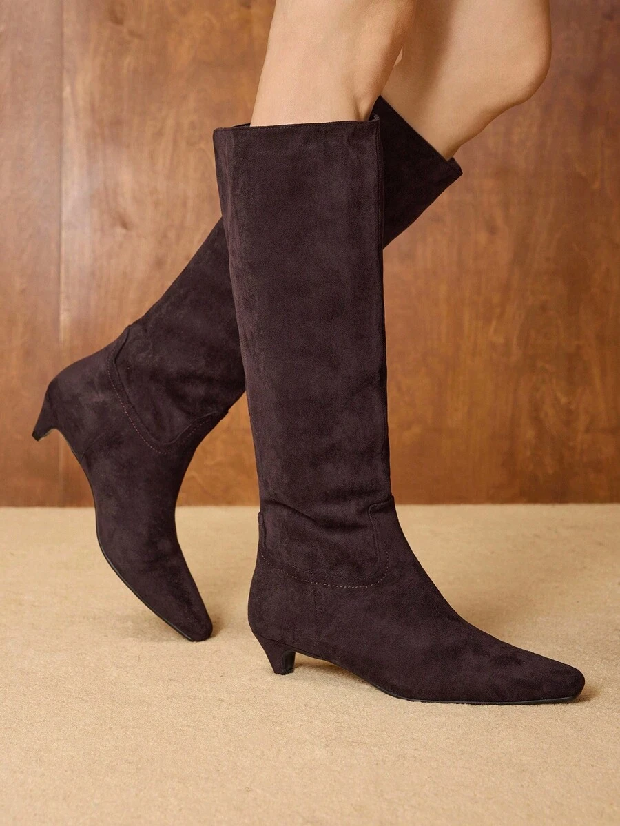 MOTF 女士时尚尖头高跟过膝靴，秋冬 - 酒紅色 - 查看 1