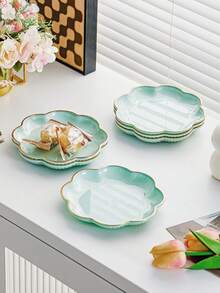 SHEIN 1pc Flower Shaped Gold Rimmed Tray, Multi-Purpose - Mint Green - View 4