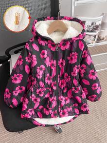SHEIN Young Girls New Autumn/Winter Zip-Up Hooded Fashion Fleece Thick Digital Print Cute Sweet Cinched Waist Padded Coat, Winter Outerwear - Multicolor - View 4