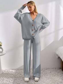 EURMUSE Drop Shoulder Cardigan & Tie Front Knit Pants Linen - Light Grey - View 4