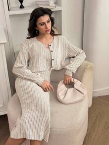 SHEIN Tall 女式秋季新款罗纹针织落肩纽扣前襟夹克和修身中长连衣裙套装