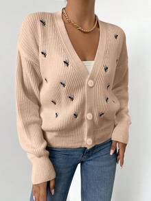 EURMUSE Women's Floral Embroidery Long Sleeve Cardigan - Coral Pink - View 4