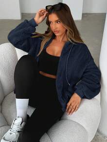 Siren Gaze 女士纯色羊毛连帽运动衫，厚实保暖运动衫，棕色，女士秋季连帽衫，女装，冬装，长袖上衣，毕业，返校，女士教师装 - 藏蓝色 - 查看 3