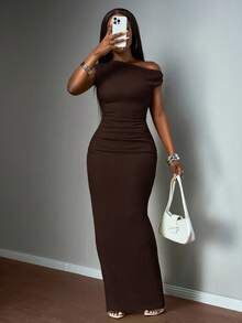 Slaydiva 2025 Spring/Summer New Arrival, Suitable For Birthday Party, Back To School, Campus Style, Daily Wear, Casual, Vacation, Cruise Travel, Beach, Sunbathing, Viral , Streetwear, Elegant, Commute, Business Casual, Sexy, One-Shoulder, Bodycon, Textured Vertical Stripe Fabric, Green, Women's Extra Long Maxi Dress For Summer