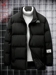 Manfinity Hypemode 男士冬季字母图案拉链立领长袖羽绒服，秋季 - 黑色 - 查看 8