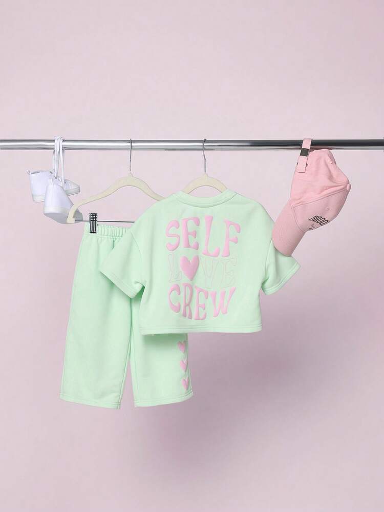 Ensemble Top court et short vert menthe à imprimé cœur