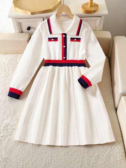 Girls Knitted Long Sleeve Sweater Dress, Elegant Fashion For Autumn/Winter Girls White Dress Girls Sweater Dress Tween Girls Dress Girls Fall Dress Girls Dress Long Sleeve Girls Pleated Dress Ivory Dress With Red Trim Long Sleeve Girls Dress Girls Ivory Dress Girls Collared Dress