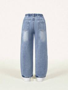 Elladie kids 女童水洗中蓝色做旧喇叭裤，柔软松紧腰带，百搭休闲度假街头服饰，轻盈春秋