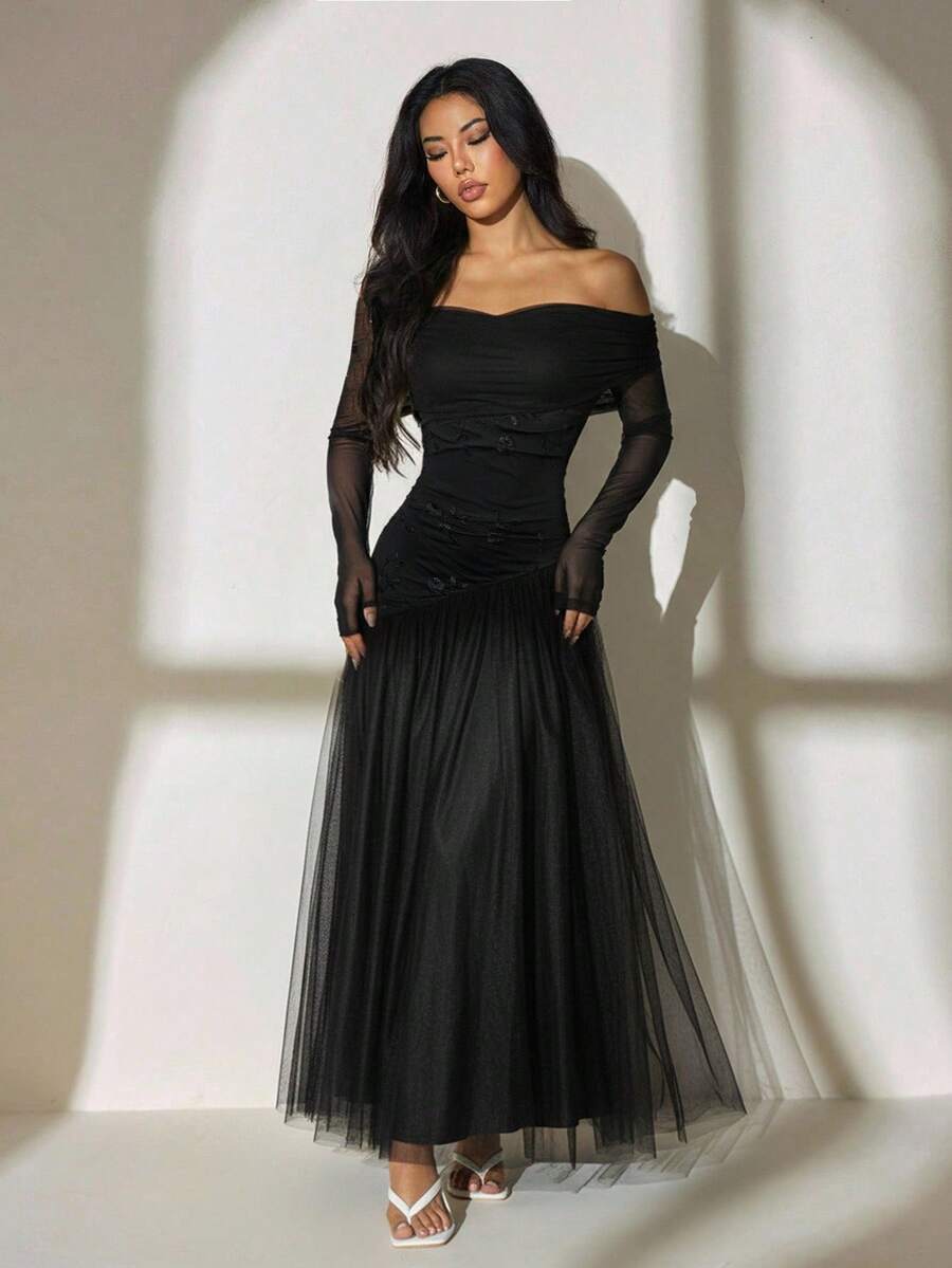 SHEIN PETITE Váy đen dự tiệc sang trọng, thanh lịch và lãng mạn, váy dạ hội, váy dự tiệc cưới mùa thu, váy dài một vai, thêu lưới tương phản, viền bất đối xứng, nối gấu siêu dài, co giãn cao - màu đen - Xem 1