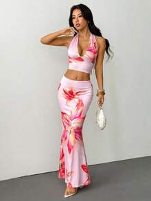 SHEIN PETITE Women's Holiday Halter Top And Skirt Printed Two Pieces Set Floral Two Piece Set Vacation 2 Piece Outfit Maxi Skirt Two Piece Set Summer Two Piece 2 Piece Dress