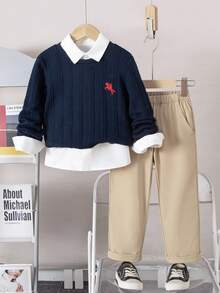 SHEIN Young Boy Casual Embroidered Cowboy Motif Round Neck Long Sleeve Shirt And Pants Set, Autumn Fall Winter - Navy Blue - View 3