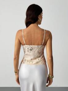 SHEIN Tall Women's Elegant Sequin Floral Embroidery Front Tie Camisole, Summer Beaded Tops