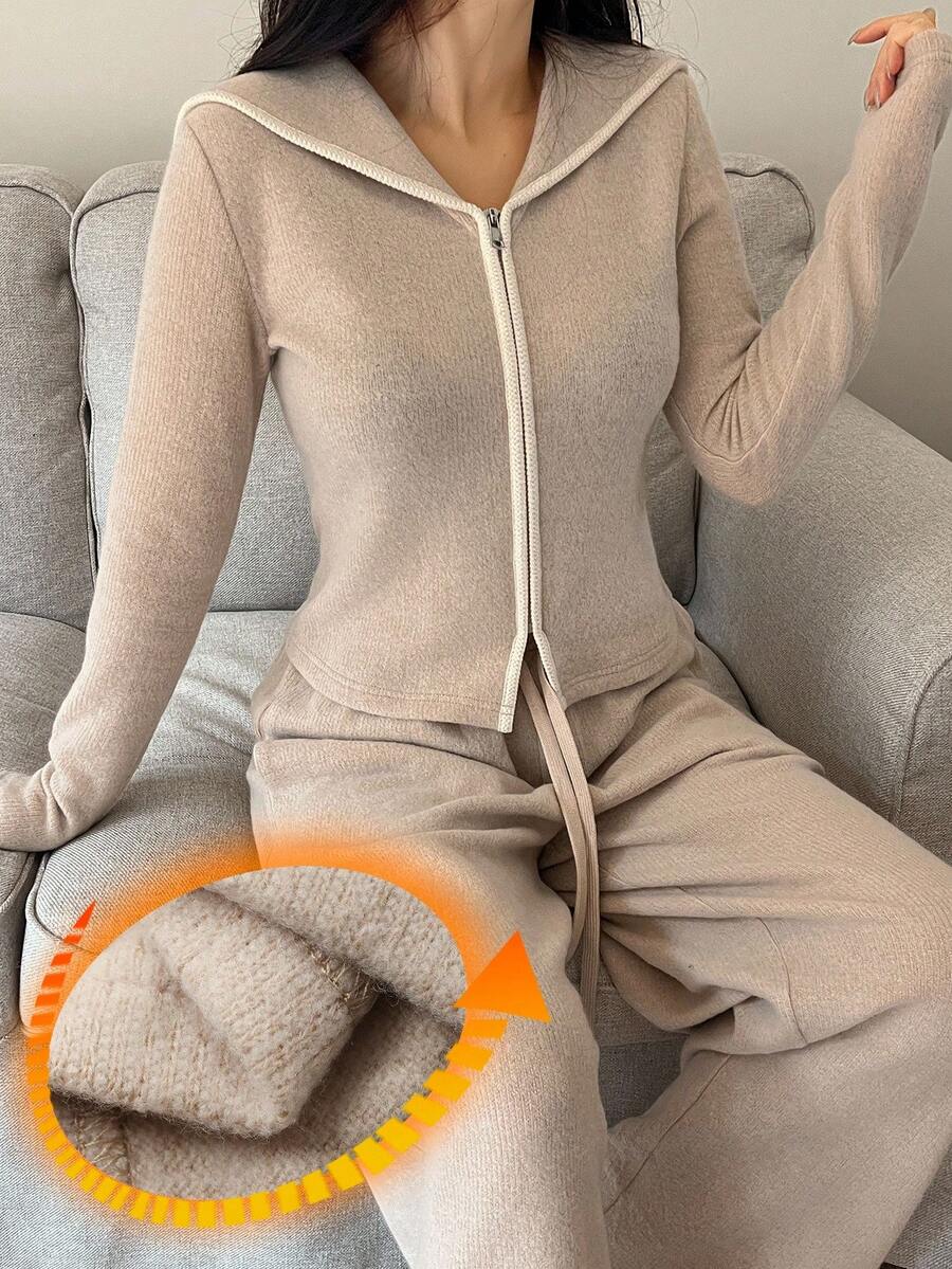 DAZY 女士极简主义毛绒针织撞色滚边抓绒水手领家居服套装（上衣+裤子），秋冬睡衣，舒适保暖，蓬松柔软 - 杏色 - 查看 1