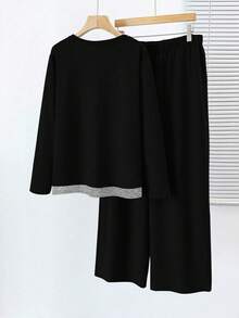 SHEIN LUNE 大码花卉撞色二合一T恤和裤子休闲套装 - 彩色 - 查看 2