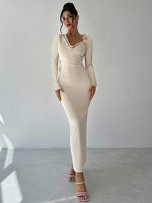 Firerie Women's New Elegant Romantic Alluring Party, Wedding Guest, Graduation Occasion Dress, Apricot Asymmetric Shoulder Flounce Long Sleeve Backless Straight Dress, Suitable For Back To School, Airport, Going Out, Autumn/Winter