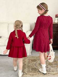 LMoss Kids LMoss 2件套少女纯色不对称下摆休闲外套和百褶裙套装，女童裙装，红色裙子，圣诞节，舒适秋冬款式，温暖秋冬风格，冬季服装 - 紅色 - 查看 2