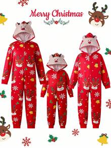 Men's Red Christmas Graphic Long Sleeve Hooded Jumpsuit Loungewear Christmas Family Pajamas Hooded Pajamas, For Fall, Winter
